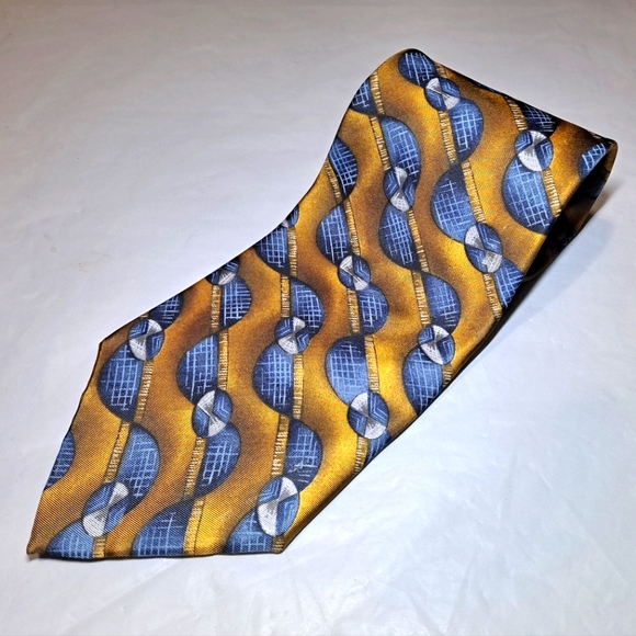 Barrington 💯 Silk Luxury Designer Necktie 58" x3.75" Blue/Gold Abstract Vintage - Picture 4 of 9